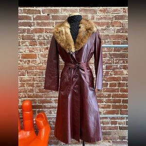 Vintage burgundy leather trench with rabbit fur collar